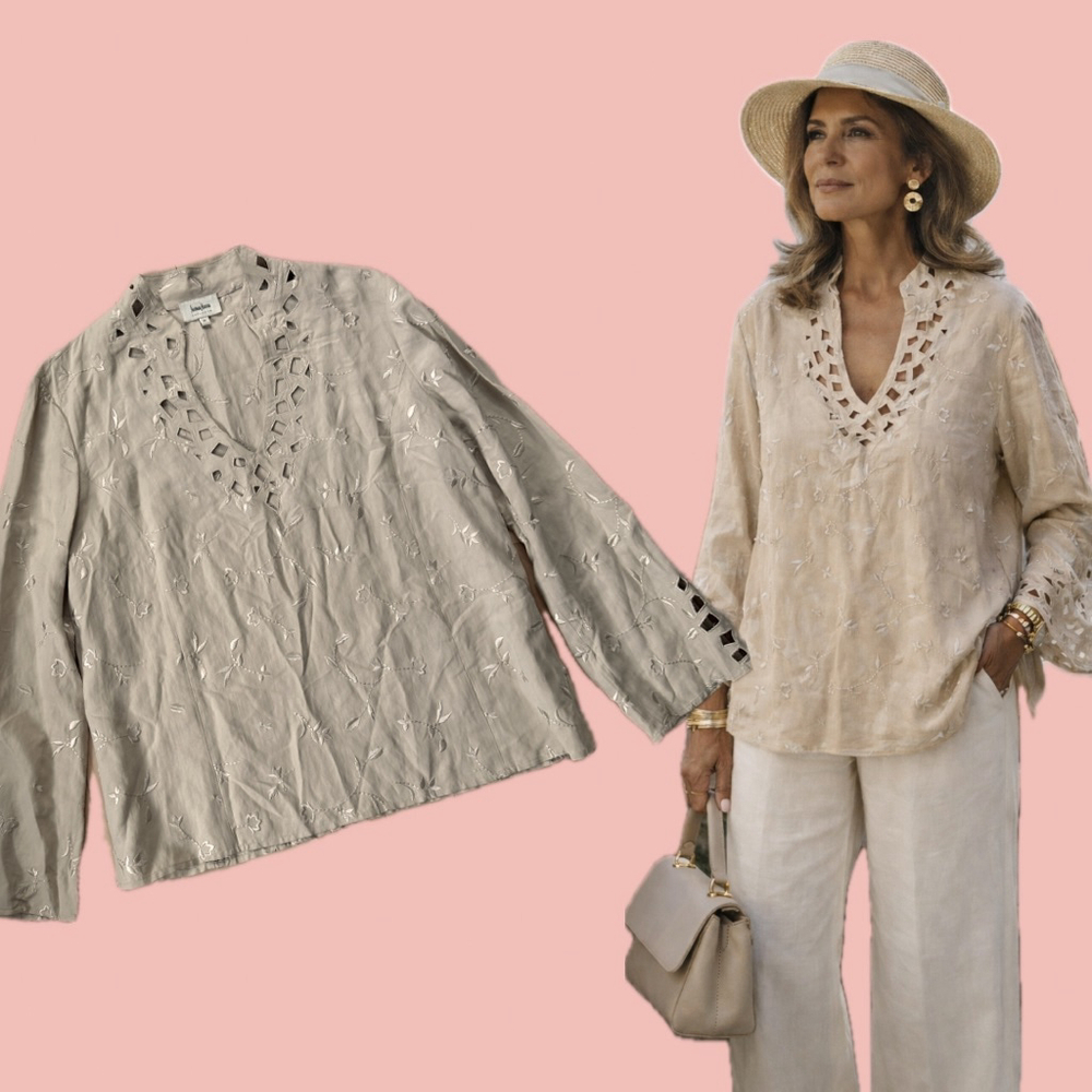 Neiman Marcus Exclusive Silk Linen Embroidered Blouse Size 16 – Cutout Detail
